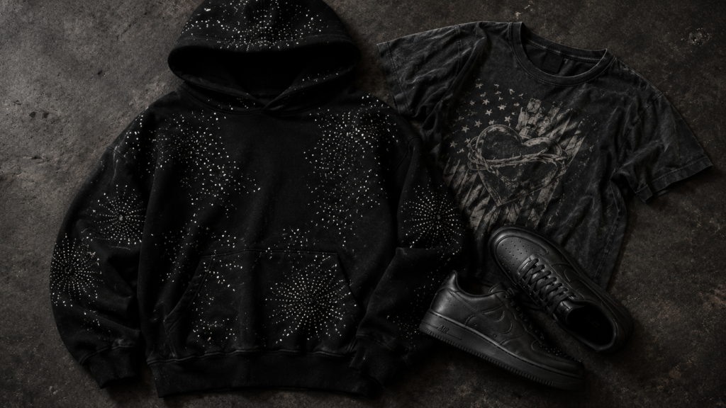 Mixed Emotions rhinestone hoodie styled with tenis Amiri sneakers and Zach Bryan merch tee on a concrete background